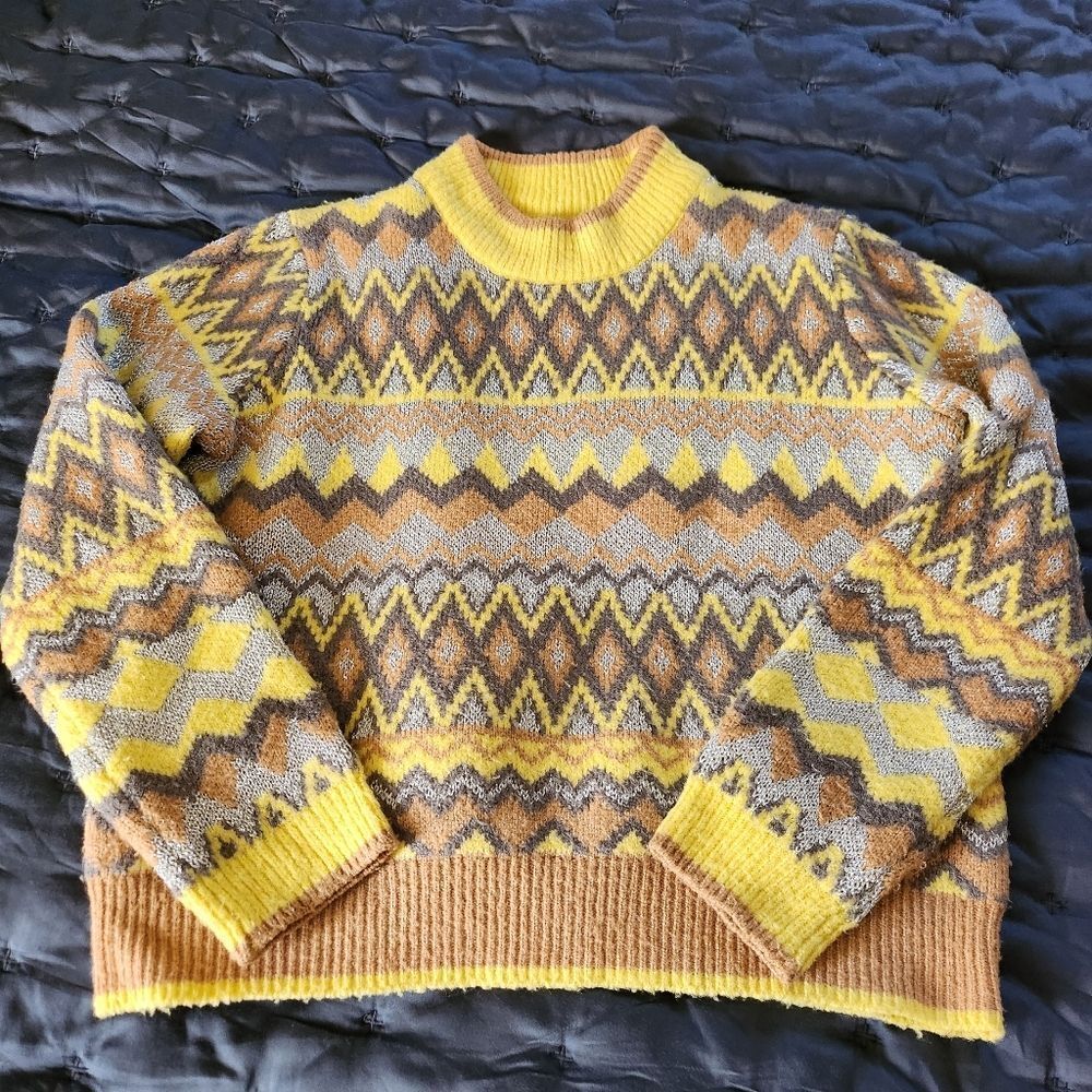 Yellow, Silver, and Brown Patterned Womens Sweater